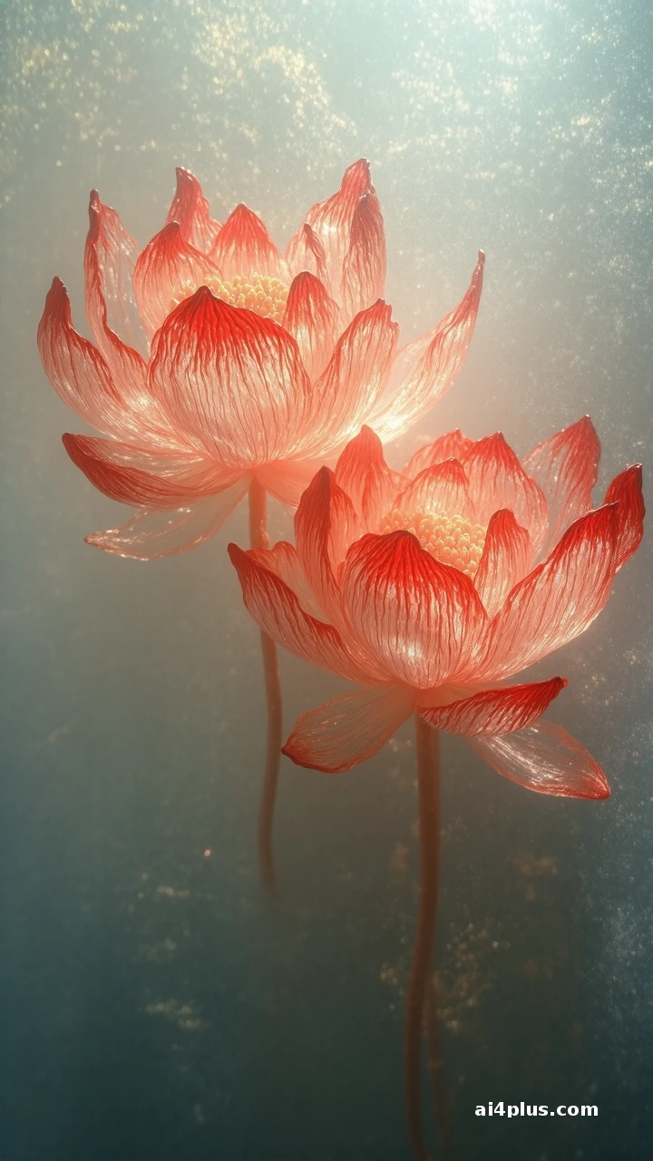 朱红并蒂莲，空灵东方幻景 - 图片 3