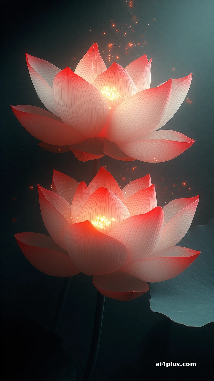 朱红并蒂莲，空灵东方幻景 - 图片 2