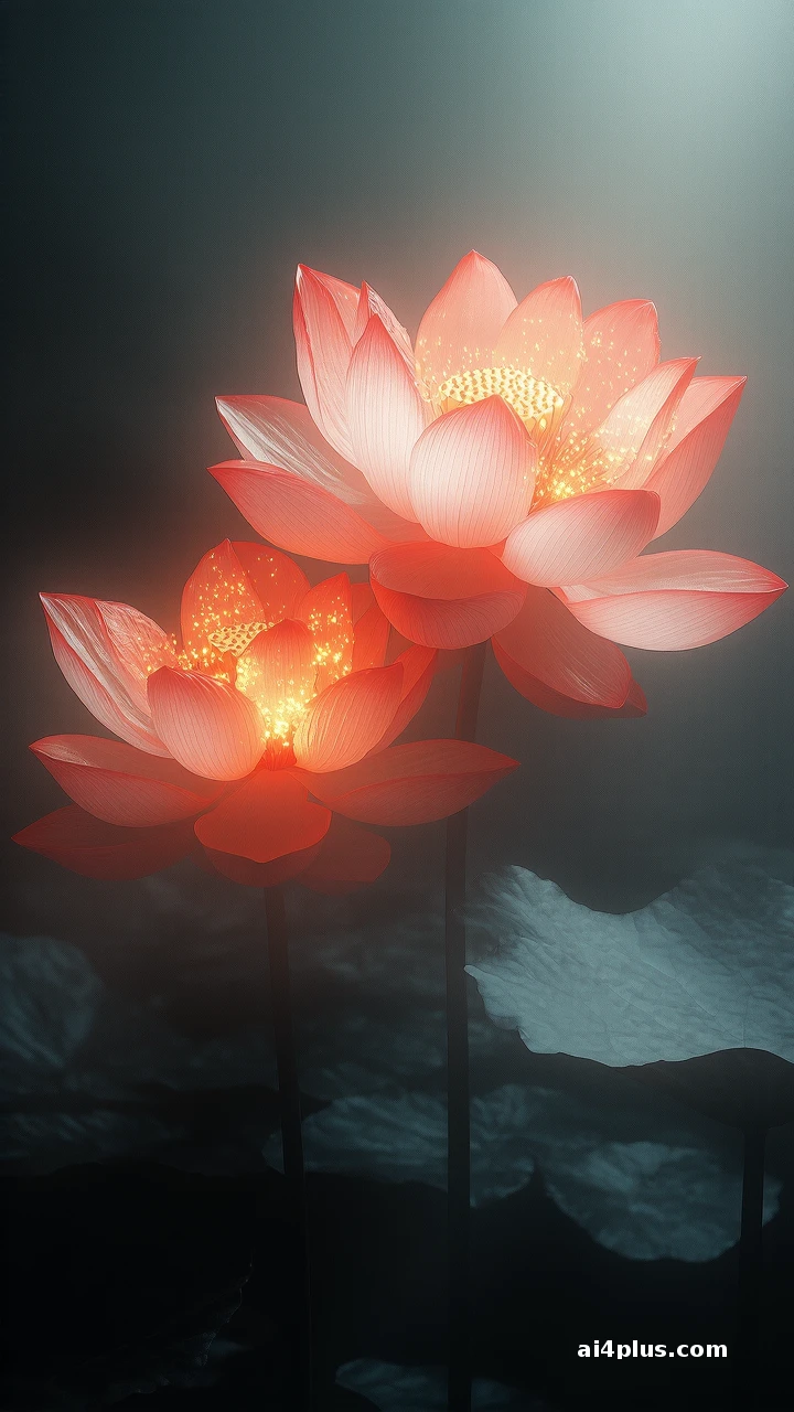 朱红并蒂莲，空灵东方幻景 - 图片 4