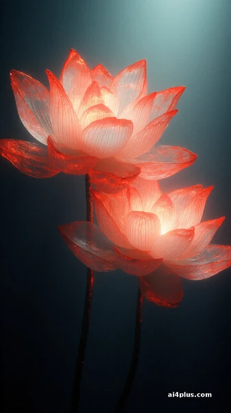 朱红并蒂莲，空灵东方幻景