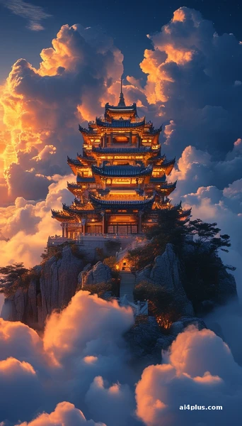 云巅天阙灯绣雾，玉宇千重九霄浮